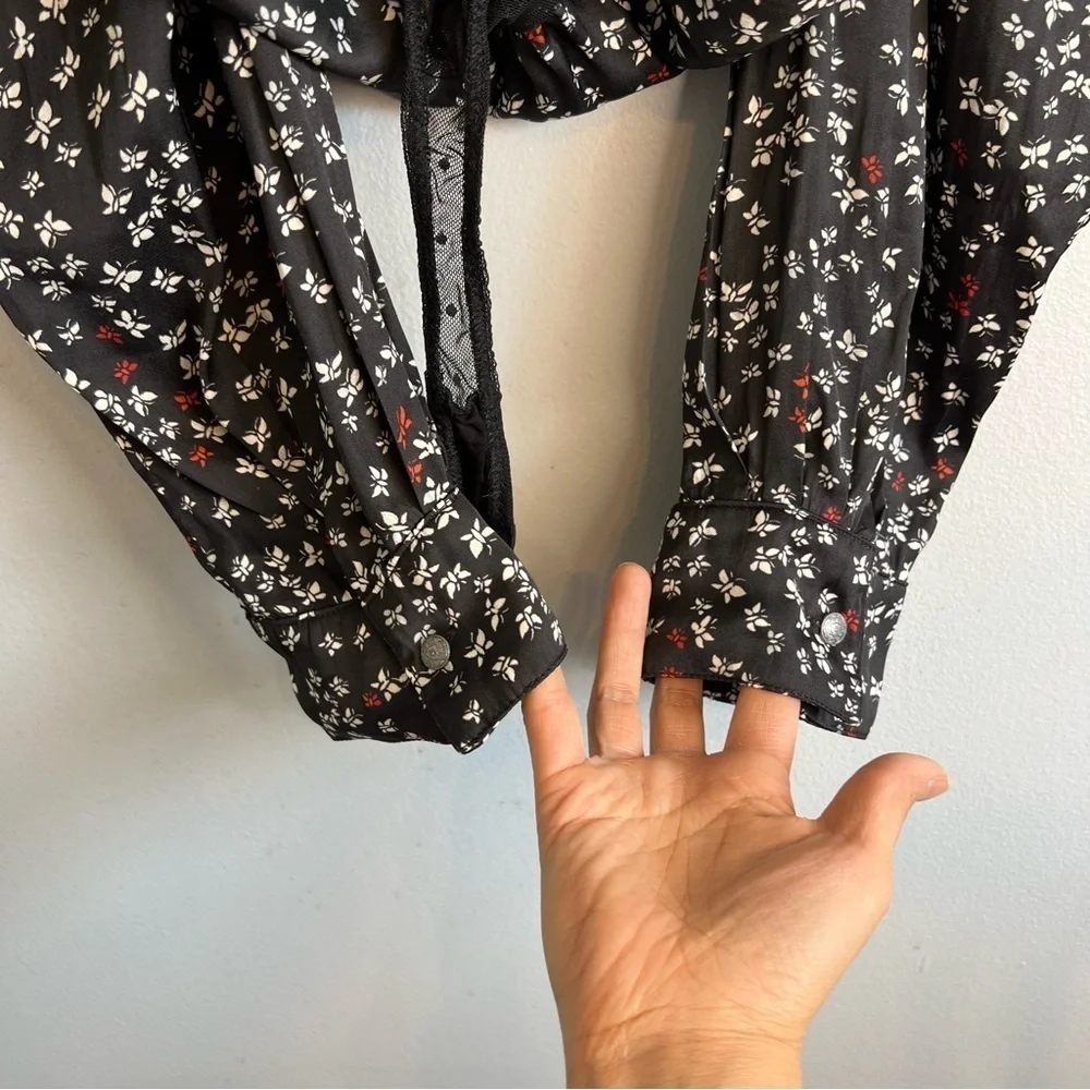 NWT Intimately Free People deep V black Floral printed bodysuit Sz S Witchy Goth